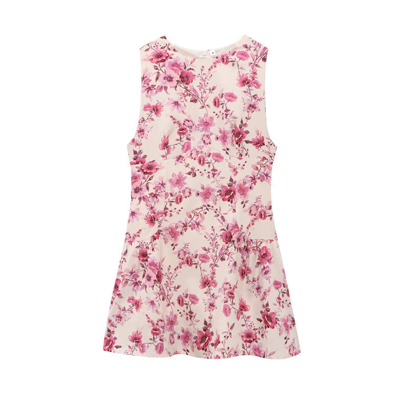 Aiertu  -  Sweet Printed Party Dress Women O-neck Sleeveless Pleated A-line Mini Dresses Female 2025 Spring Summer Fashion Print Lady Robe Aiertu