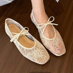 Aiertu  -  Mesh Lace Breathable Flat Shoes Women Embroidery Comfort Mary Jane Shoes Fashion Footwear Female Designer Brand Ballet Shoes Aiertu