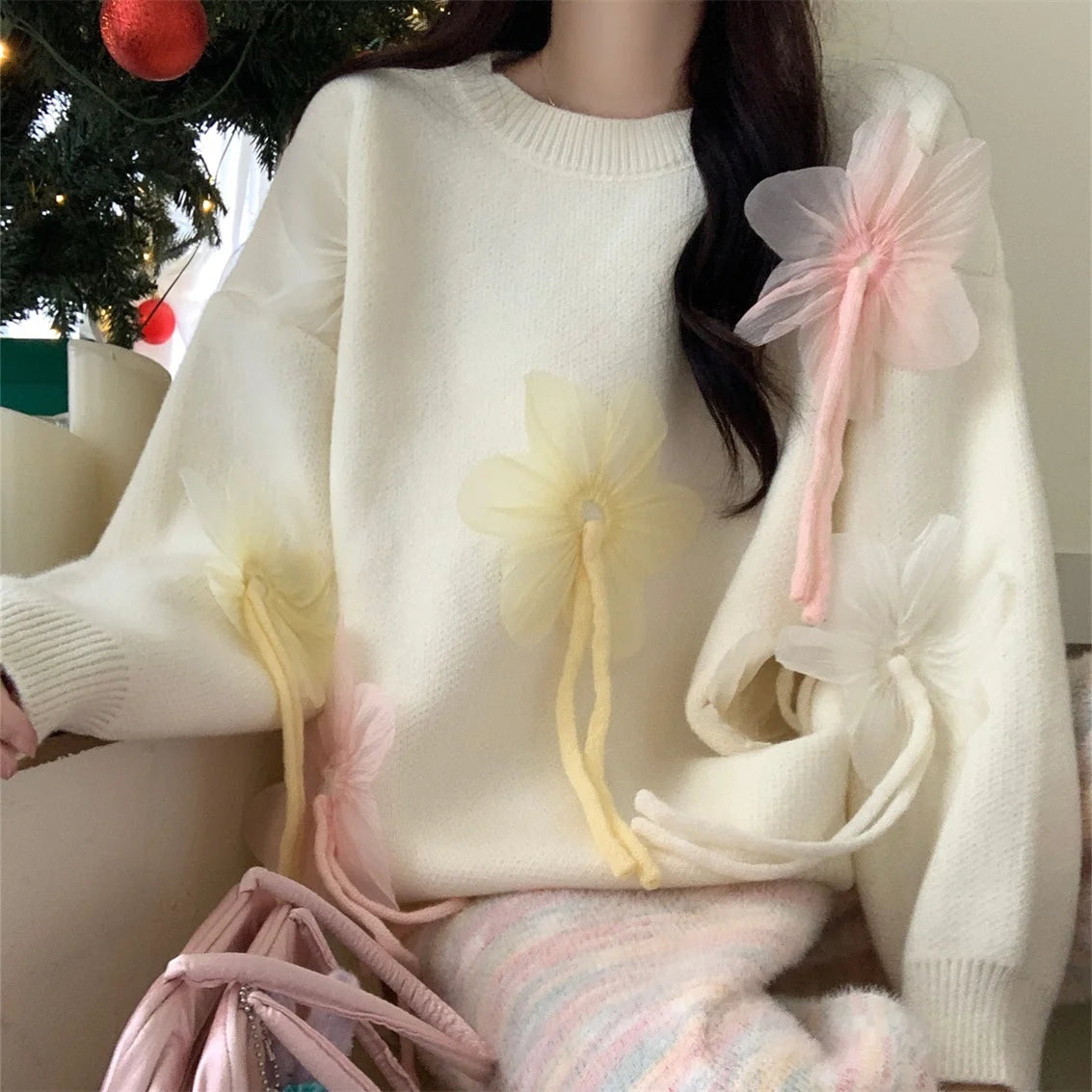 Aiertu  -  Korea Sweet Daily Sweaters Women Chic Loose Knitted 2026 Spring Pullovers Office Lady High Street Florals Gentle Casual Aiertu