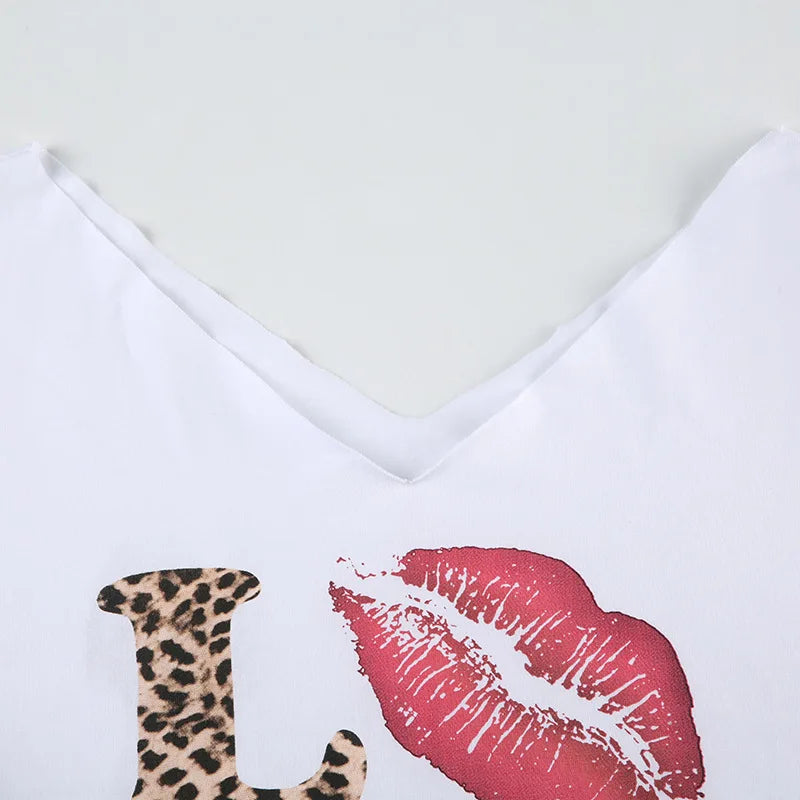 Aiertu  -  New leopard print personalized printing short-sleeved T-shirt women's street fashion off-the-shoulder pullover short casual top Aiertu