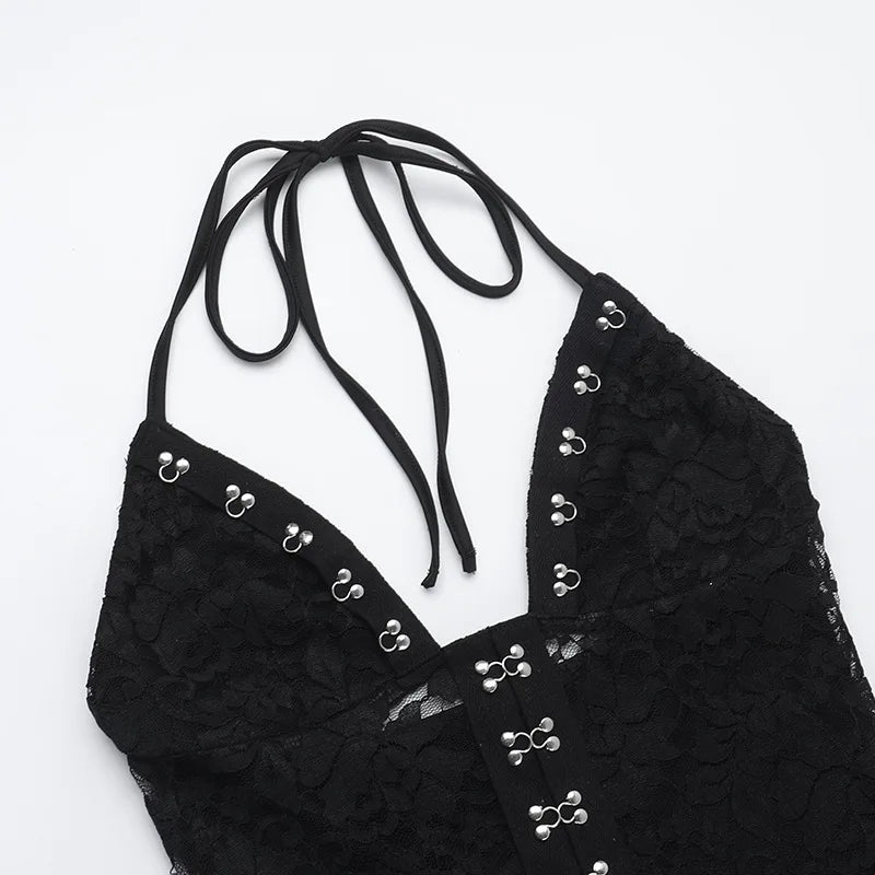 Aiertu  -  Women's Summer Full Length Flare Pants Jumpsuits 2025 Elegant Halter Backless Lace Patchwork Black Overalls Female High Street Aiertu