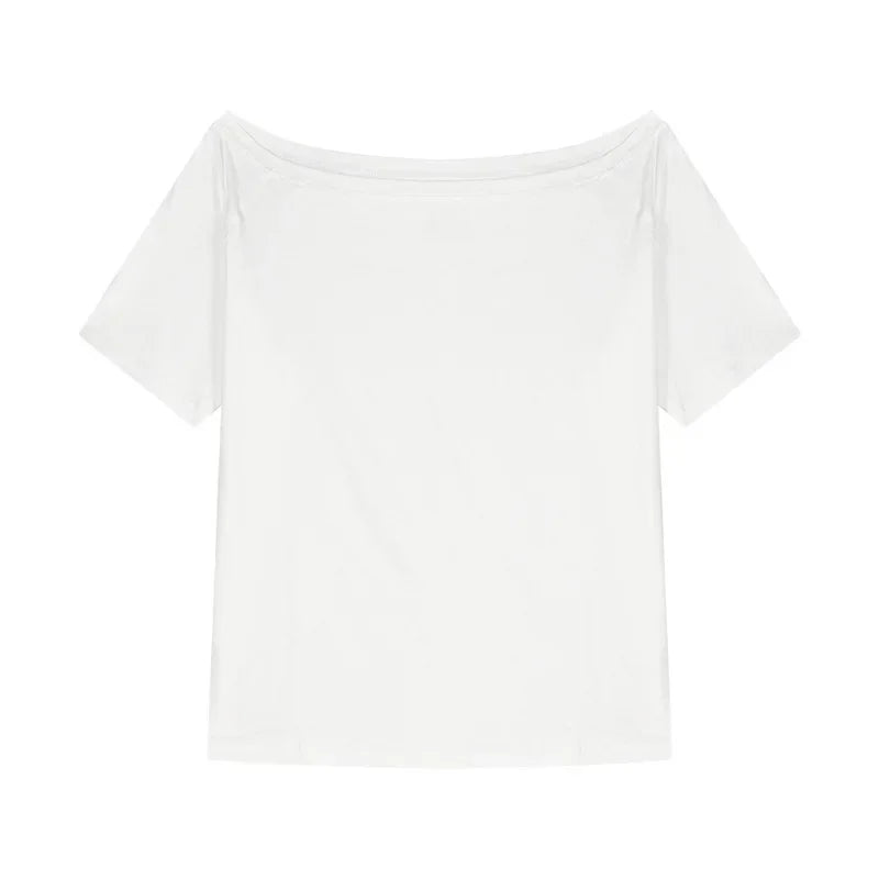 Aiertu  -  Spicy Girl Slant Shoulder Short Sleeve Loose T-shirt 2025 Women's Summer New Casual Irregular Solid Color Versatile Top Aiertu