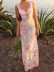 Aiertu  Flower Print Lace Trim Cut Out Camisole Dresses Sleeveless Spliced Skinny Side Split Sexy Elegant Frocks Aiertu