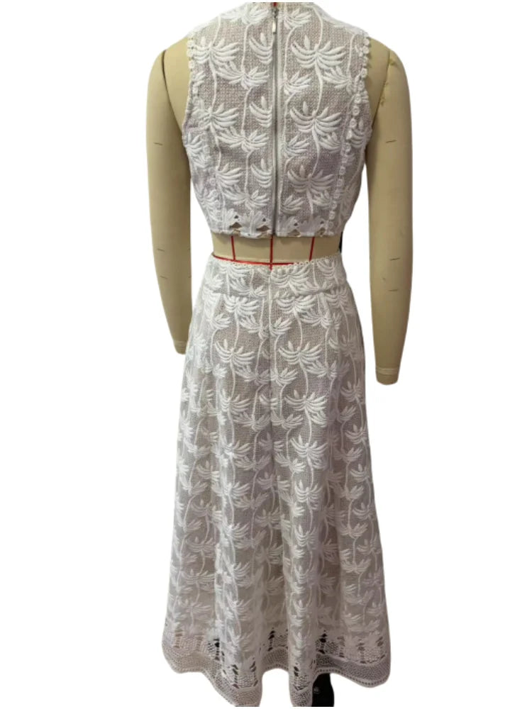 Aiertu  -  Embroidery Hook Flower Hollow White Dresses Sets Women Elegant Sleeveless Tops Skirts Two Piece Sets Female Holiday Party Dress Aiertu