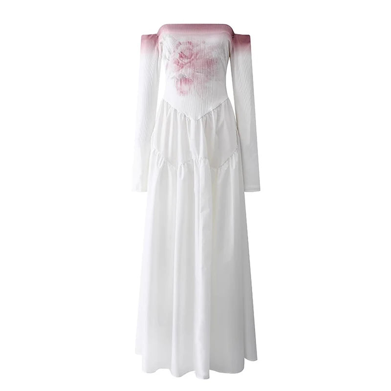 Aiertu  -  Romantic Rose Rib Knit Dress for Women Gradient Long Sleeve One-shoulder Patchwork Maxi Long Dress Desire One-piece Aiertu
