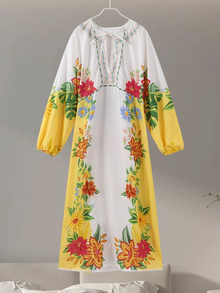 Aiertu  -  Print Linen Dress Women Elegant Loose Lace Up V Neck Vintage Vestidos Female Summer Long Sleeves Fashion High Waist Robe Aiertu