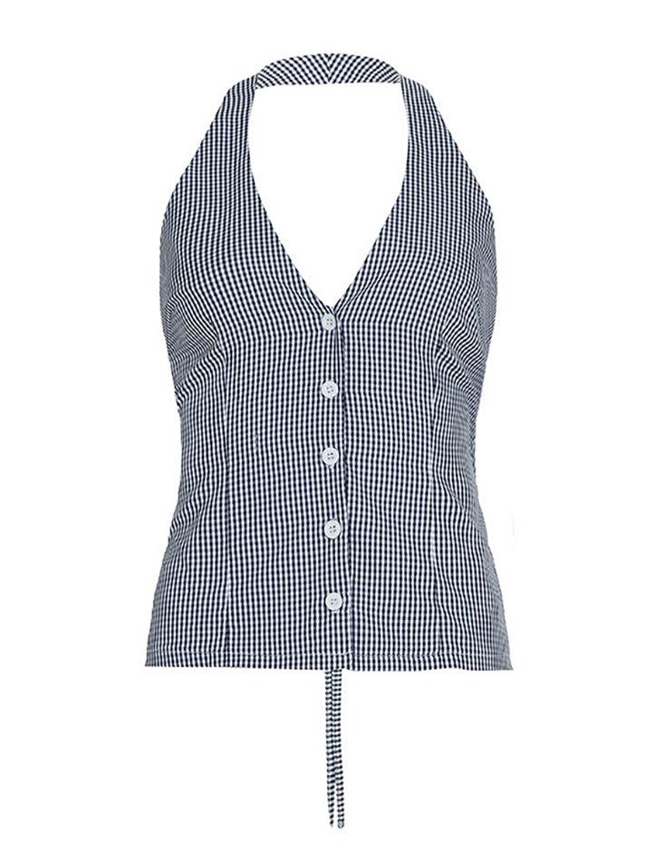 Aiertu  -  Contrast Halter Tie Backless Plaid Cami Top Aiertu