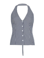 Aiertu  -  Contrast Halter Tie Backless Plaid Cami Top Aiertu