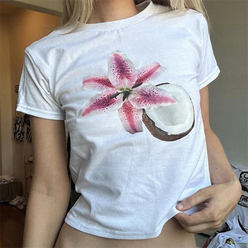 Aiertu  y2k Crop Top Women Baby Tee Floral Print Round Neck Short Sleeve T Shirt Fairycore Aesthetic 2000s Clothes Streetwear Aiertu