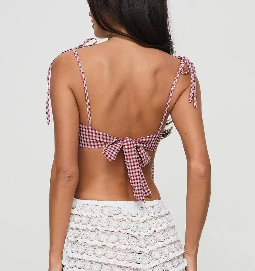 Aiertu  -  New Womens Crop Camisole Slim Plaid Lace Trim Square Neck Open Back Shirred Tie-Up Spaghetti Strap Tops For Summer S M L Aiertu