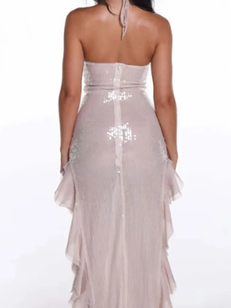 Aiertu  -  Glossy Sequins Halter Evening Halter Dresses Women Fashion High Waist Mesh Tassel Slim Split Long Dress 2026 New Party Club Robe Aiertu