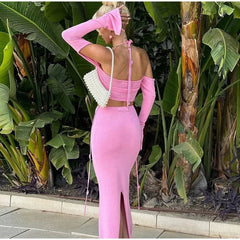 Aiertu  -  Sexy Off Shoulder Sling Bikini Long Skirts Set Woman Casual Slim Solid Lace Up Tube Tops Slit Skirt Sets Female Beach Party Suit Aiertu