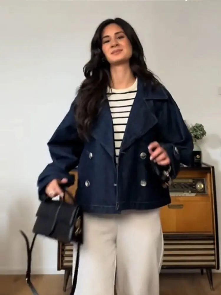 Aiertu  -  Fashion Denim Lapel Short Jacket For Women Chic Double Breasted Cropped Jackets Female 2025 Spring New Long Sleeve Street Tops Aiertu