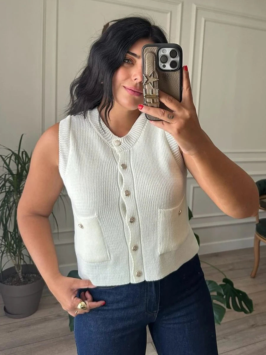 Aiertu  -  Pocket Solid Cardigan Vest Women O Neck Single Breasted Sleeveless Knit Waistcoat 2025 New Simple Casual Fashion Sweater Jacket Aiertu