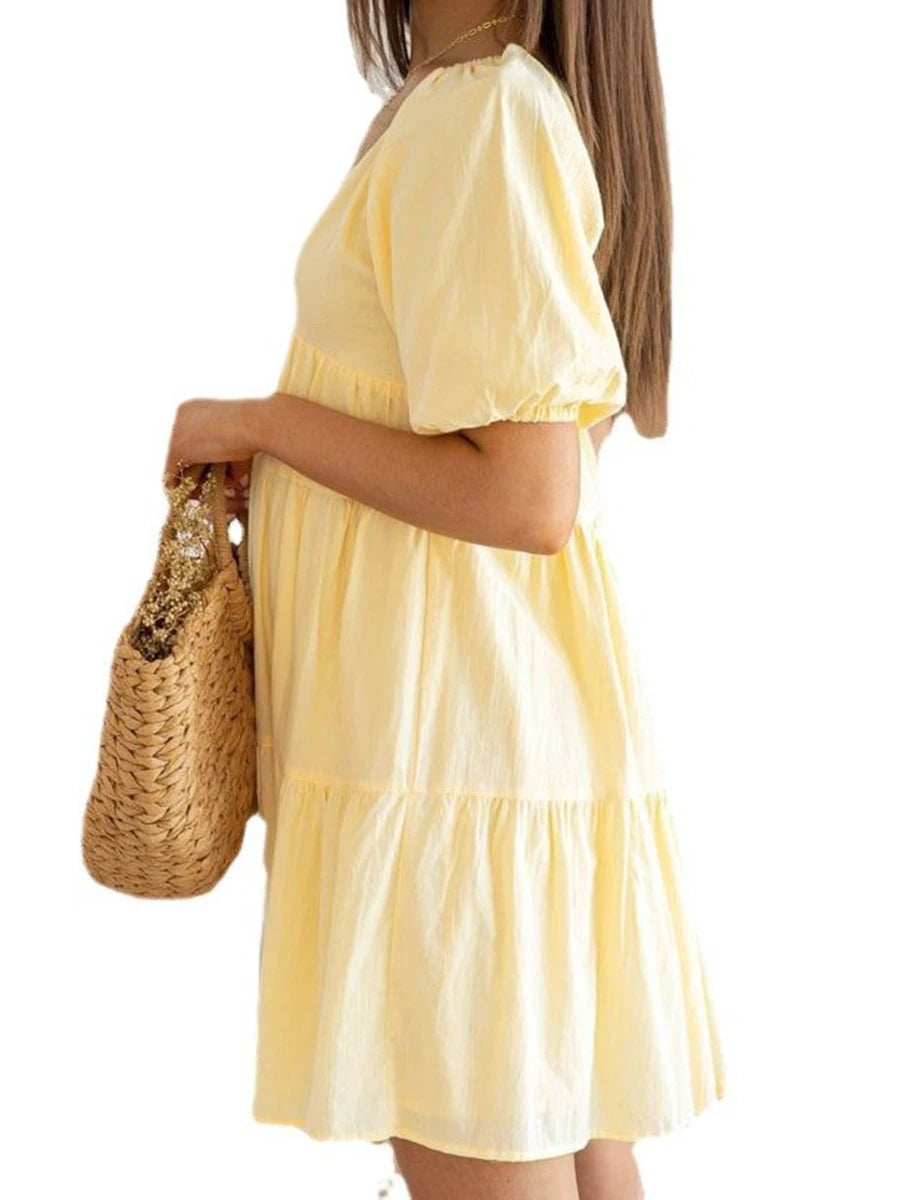 Aiertu  -  Elegant Maternity Dress for Summer Photoshoot - Stylish V-Neck A-Line Pregnancy Clothes with Puff Sleeves Solid Color Casual Aiertu