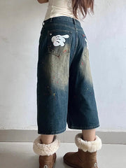 Aiertu  -  Fun Graphic Print Denim Knee Length Pants American Retro Straight Wide-leg Shorts Harajuku Style Fashion Street Loose Shorts Aiertu
