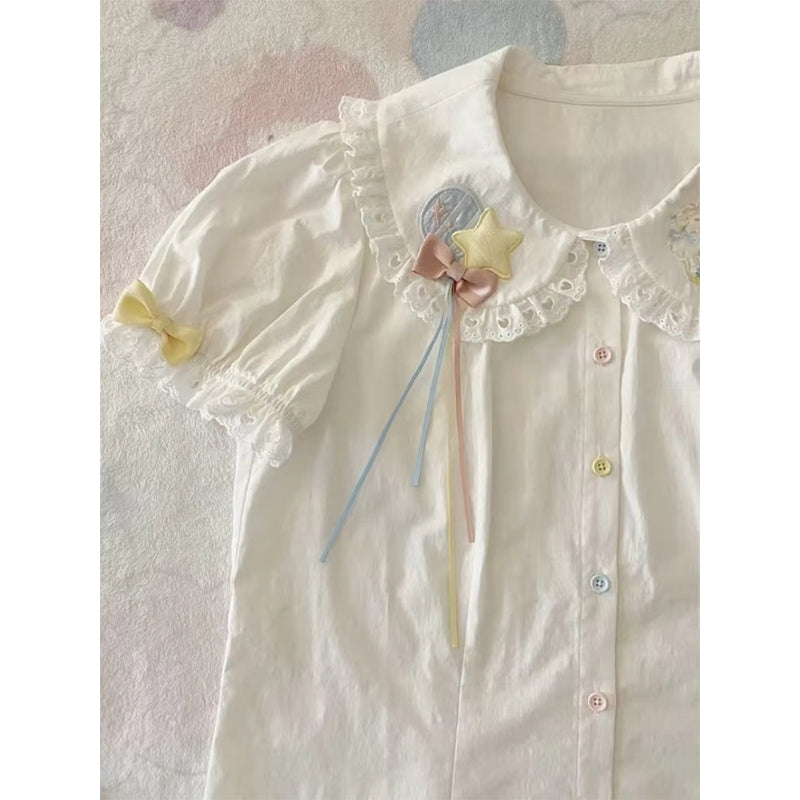 Aiertu Japanese Kawaii White Shirts Women Jk Lolita Bow Embroidery Blouses Summer Y2K Aesthetic Lace Patchwork Short Sleeve Tops Aiertu