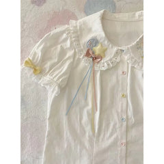 Aiertu Japanese Kawaii White Shirts Women Jk Lolita Bow Embroidery Blouses Summer Y2K Aesthetic Lace Patchwork Short Sleeve Tops Aiertu