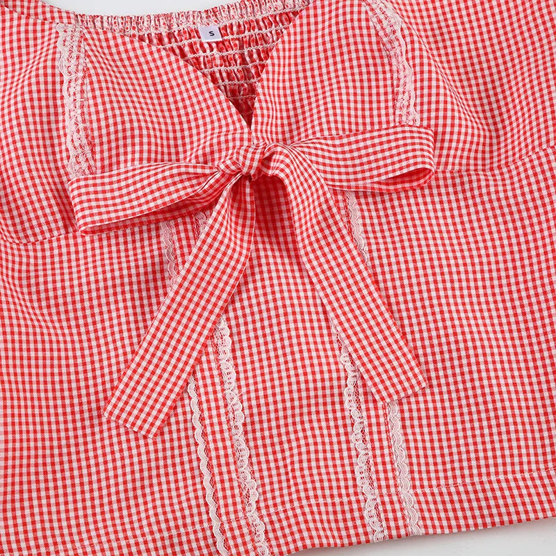 Aiertu  -  Girl Sweet Bow Splicing Plaid Contrast Color Lace Splicing Low Neck Sleeveless Small Vest New Aiertu