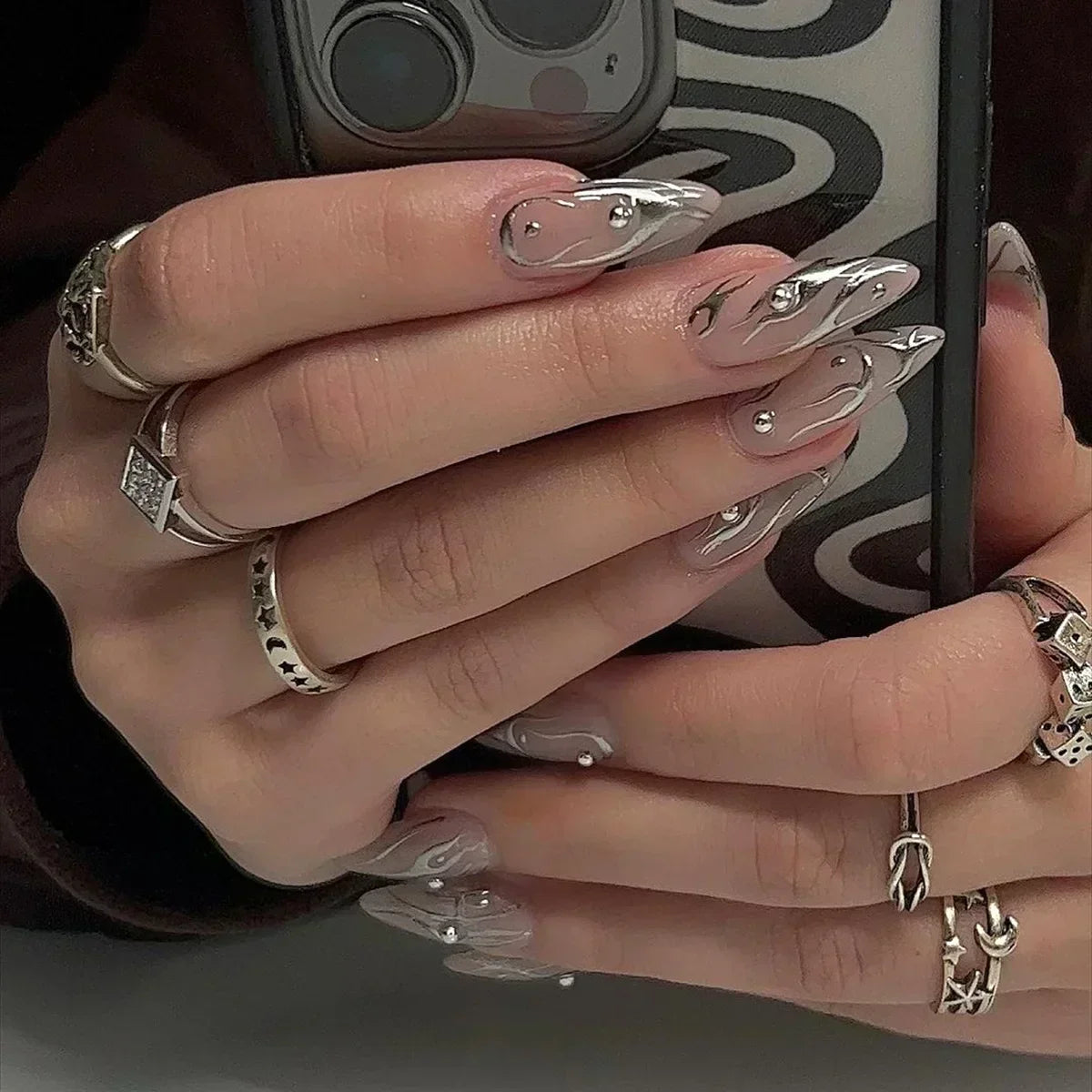 Aiertu 24Pcs Pink Almond French Press on Nails With 3D Bow ripple charms Design Fake Nails Ballerina False Nails Full Cover Nail Tips Aiertu