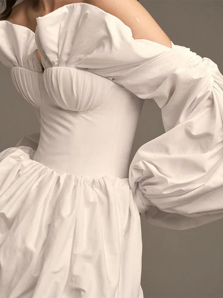 Aiertu  -  Off Shoulder Ruffle Dress White Slim Sexy Backless Long Sleeve Mini Dresses For Women's Patchwork Club Party Dress Femme Aiertu