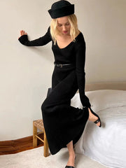 Aiertu  -  Women Knitted V-Neck Maxi Dress Slim Long Sleeve Ribbed Sexy High Waist Party Dresses Elegant Lady Solid Long Skirt 2026 Autumn Aiertu
