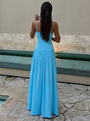 Aiertu  -  Ruched Spaghetti Strap Sexy Maxi Dress For Women Patchwork High-Waist Solid Elegant Sleeveless Slim Club Party Dress Aiertu