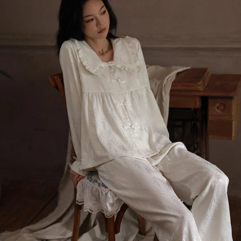 Aiertu  -  Elegant Jacquard Flower Women's Pajamas Set Satin Two Pieces Loungewear Casual Ruffle Collar Sleepwear Princess Style Pyjamas Aiertu