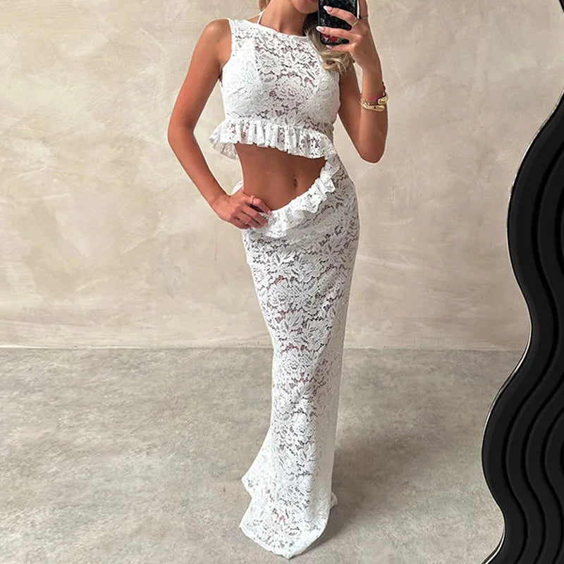 Aiertu  -  Women Sexy Hottie Sleeveless Party Dress 2026 Elegant Lace Fringe Ruffle Slim Dress Fashion O-Neck Hollow Out Solid Long Dresses Aiertu