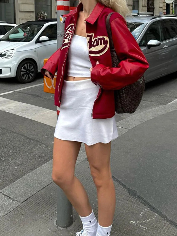 Aiertu  - Women Leather Fashion Embroidery Zipper Short Jacket Elegant Long Sleeves Lapel Loose Coats Autumn Female Streetwear Outercoat Aiertu