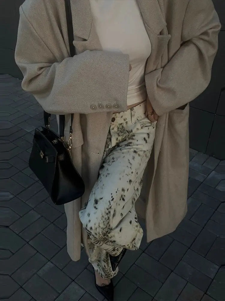 Aiertu  -  Retro Washed Leopard Print Women Jeans Zipper Pockets Straight Wide Leg Pants 2025 Spring Summer Street Vacation Lady Trousers Aiertu
