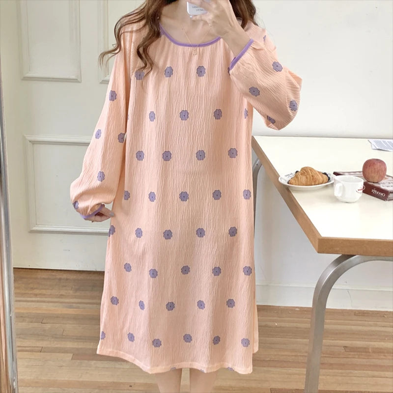 Aiertu Long Sleeve Nightgowns Women Floral Bow Temper Autumn Home Cozy Aesthetic O-neck Prairie Chic All-match Sleepwear Korean Style Aiertu