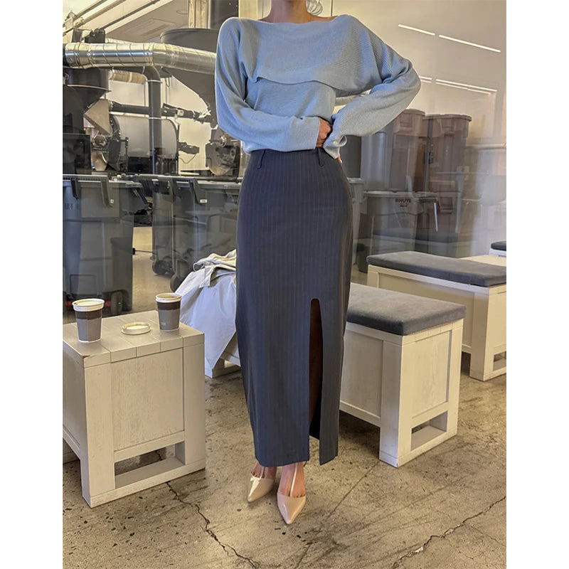 Aiertu  -  Elegant Striped Midi Skirt Women Fashion Sexy Slit Suit Wrap Skirts Summer Office Ladies Korean Split Slim Pencil Skirt Aiertu