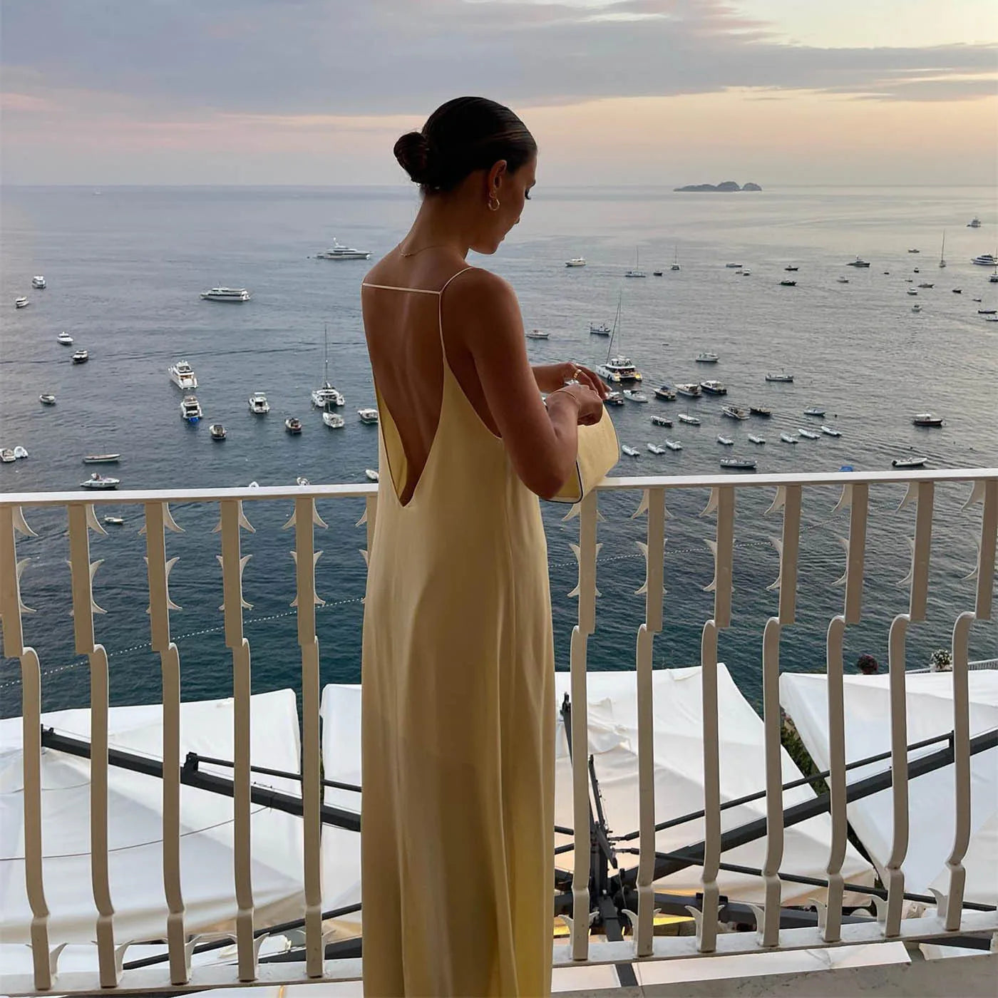 Aiertu  -  Ladies Feminine Buff Dress Loose Backless Round Neck Spaghetti Strap Drop Waist Long Robe Vacation Formal Ceremony Party Gown Aiertu