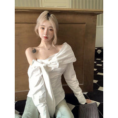 Aiertu Elegant White Shirts Women Streetwear Fashion Bow Bandage Blouses Korean Sexy Off Shoulder Long Sleeve Slim Design Tops Aiertu