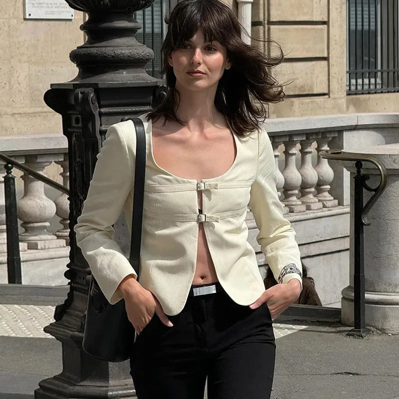 Aiertu  -  Elegant Round Neck Short Jacket For Women 2026 New Early Autumn Fashion Long Sleeve Coats Office Lady Casual Chic Outerwear Aiertu