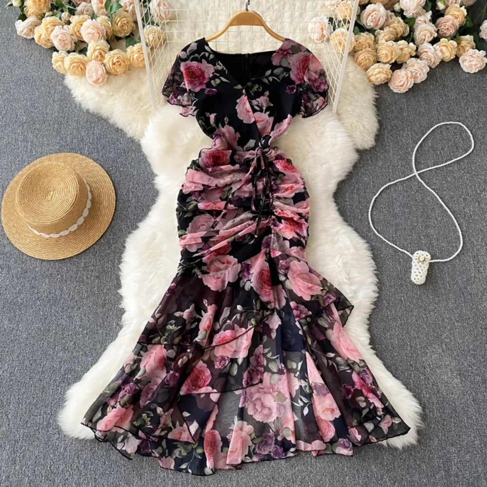 Aiertu  -  Casual Summer V Neck Butterfly Sleeve Print Robe Slim French Style Vintage Bodycon Mujer Mermaid Drawstring Lace Up Dress Aiertu