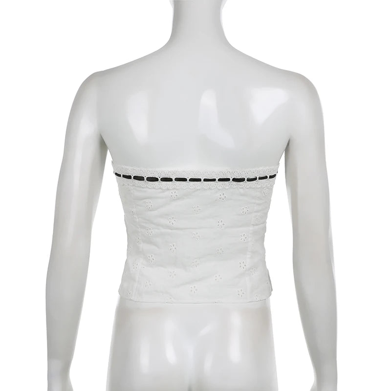 Aiertu  Sweet Bow Cropped Tube Tops Slim Lace Trim Slash Neck Sleeveless Tank Tops Women 2025 Summer Fashion Streetwear Ladies Aiertu