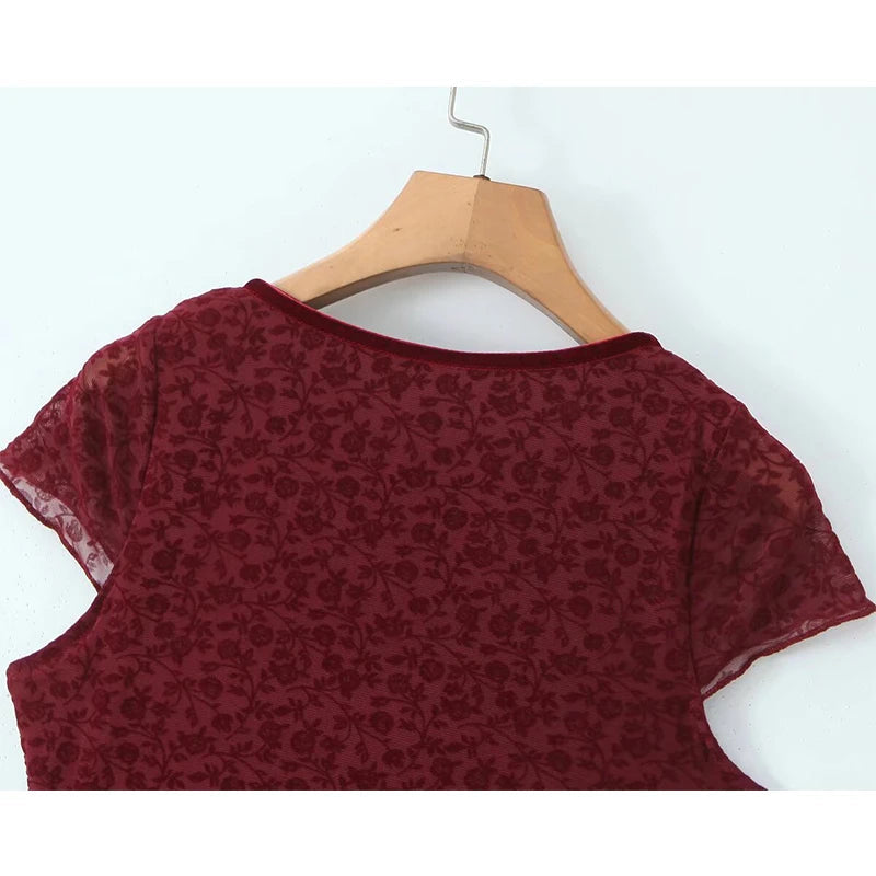 Aiertu  -  Summer Women Short Sleeve Bow V Neck A-line Mini Dress Lady High Waist Hem Ruffle Floral Wine Red Dresses Vintage Robe Aiertu
