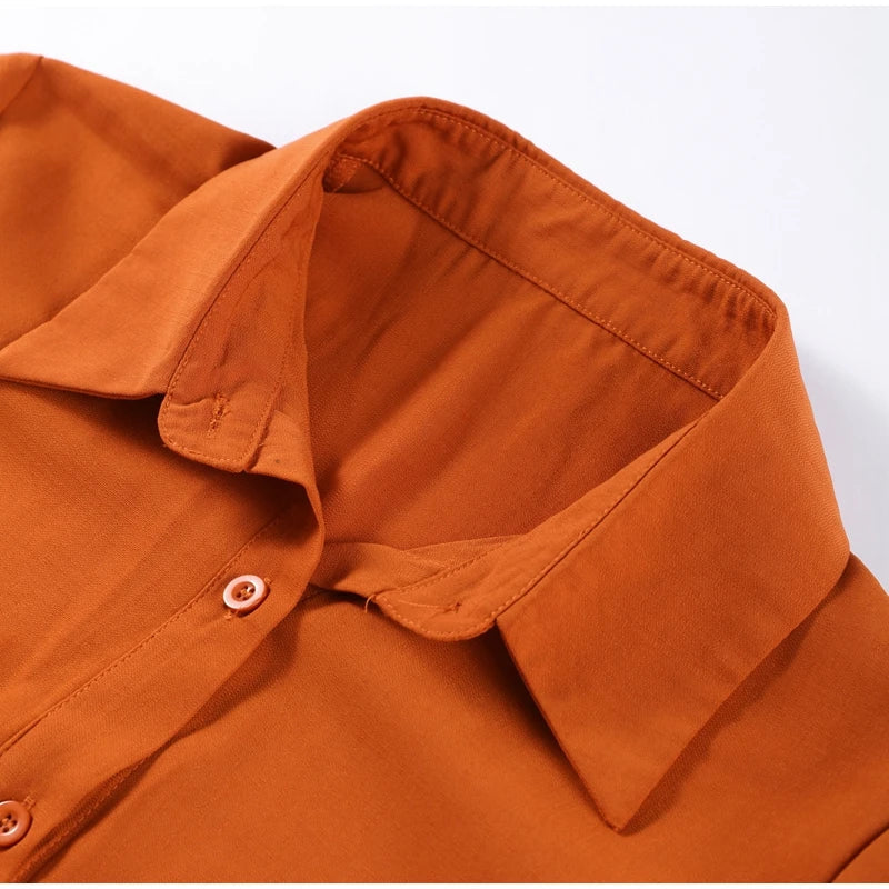 Aiertu  -  Elegant Orange Long Pants Sets For Women Casual Single Breasted Lapel Loose Shirts Wide Leg Straight Trousers Lady 2 Pieces Suit Aiertu