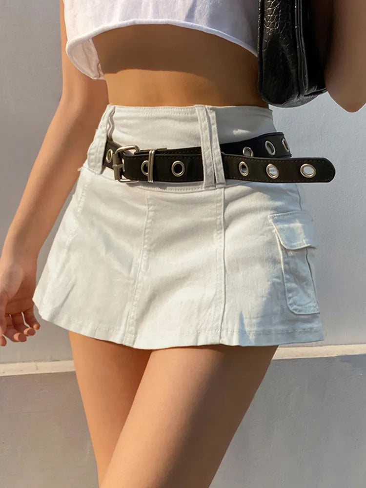 Aiertu - summer inspo Hot White A Line Y2K Denim Shorts Skirts Womens Black Side Pocket Casual Cargo Jean Skirt Simple Preppy Golf Tennis Outfits Aiertu