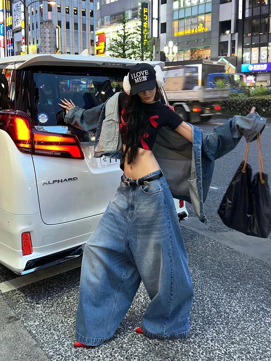 Aiertu  -  90s Skater Women Whiskers Horseshoe Jeans Do Old Casual Solid Barrel Wide Leg Baggy Denim Pants Hiphop Retro Clothes Aiertu