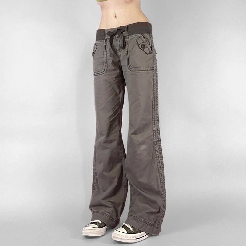 Aiertu  -  Vintage Lace-up Mid-sied Jeans 2000s Women Streetwear Aesthetic Pockets Straight Leg Trousers Fashion Autumn Outfits Aiertu
