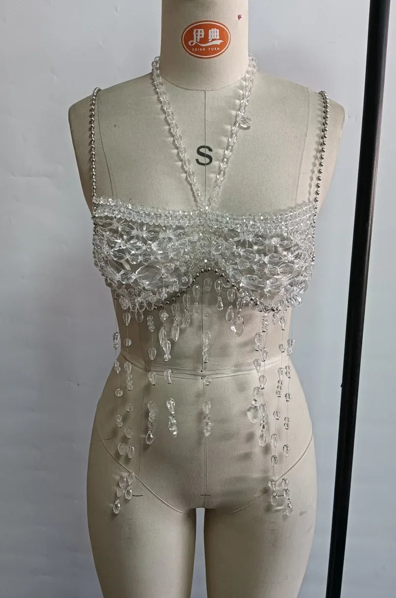 Aiertu  -  Women Fashion Crystal Rhinestons Tassel Beaded Camisole Crop Tops Sexy Bralette Y2K Party Clubwear Bra All Matching Chest Chain Aiertu