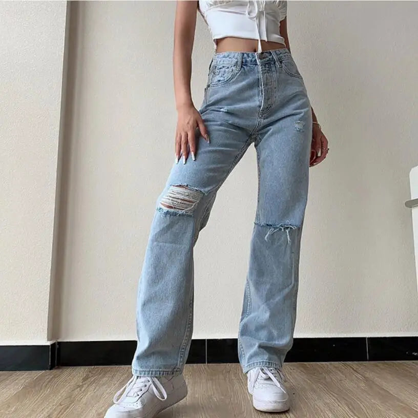 Aiertu  -  Women's Jeans Large Size Boyfriend y2k Denim Pants Female High Waist Mom Ripped Jeans Stright Trousers Aiertu