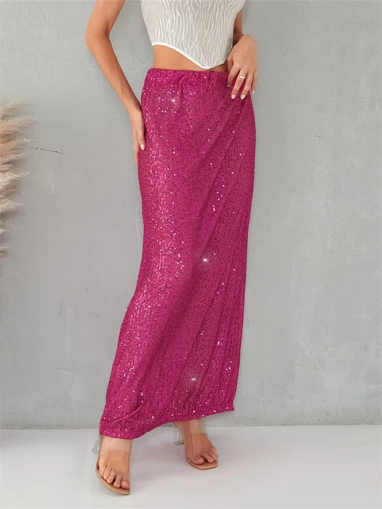 Aiertu  -  Women Sequin Midi Skirts Low Waist Straight Long Skirts Summer Party Club Beach Sexy Elegant Skirts See Through Bikini Cover-ups Aiertu