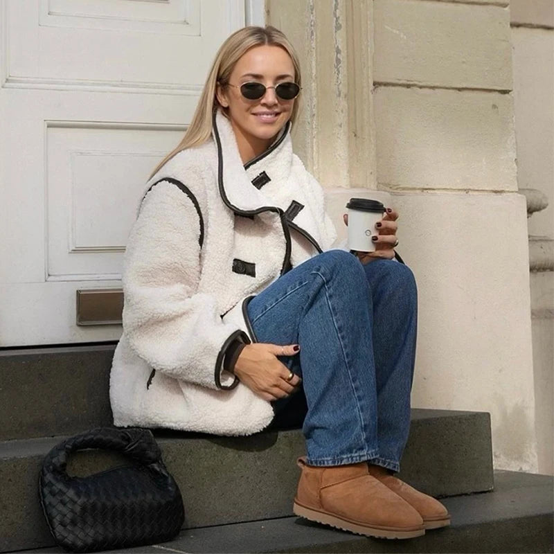 Aiertu  -  Street Patchwork Lamb Wool Women Jacket Full Sleeve Single Breasted Lady Coat Autumn Winter Soft Warm Female Outwear Aiertu