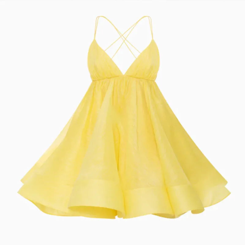 Aiertu  -  Halter Fuffy Short Pleated Dress Large Backless Cross Strap Beach A-Line Dresses V-Neck Waist Cinched Suspender Slimming Gown Aiertu