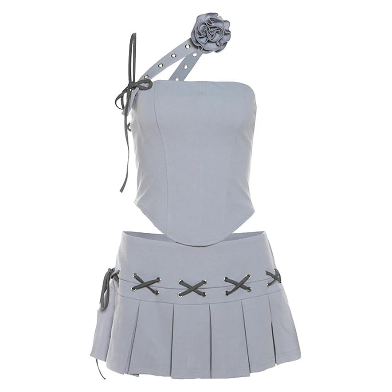 Aiertu  -  party look snspos Trendy Girls Sexy Gray 2 Piece Sets Slim Sleeveless 3D Flower Asymmetric Vest+Low-waist Cross Design Pleated Skirt Clubwear Aiertu