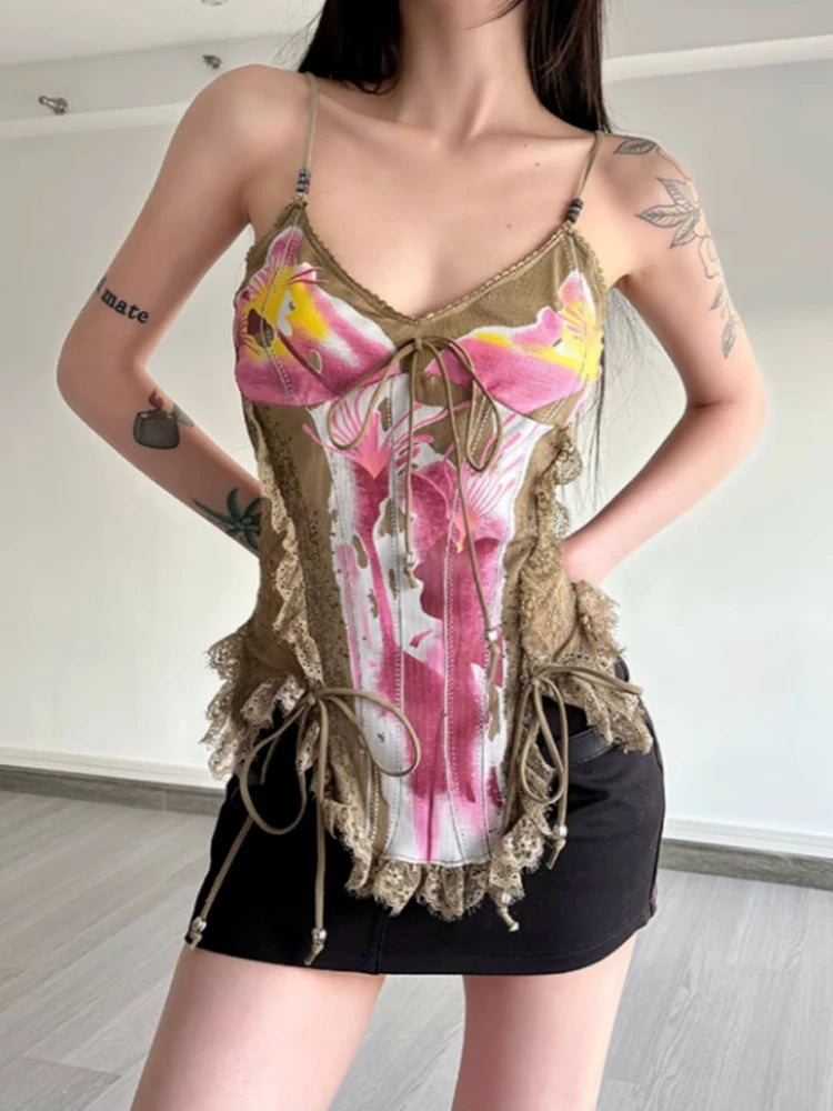 Aiertu  -  Vintage Lace Patchwork Streetwear Tanks Women Printing Slim Fit Bandage Camisole Summer Harajuku Sexy Y2k Aesthetic Tank Top Aiertu